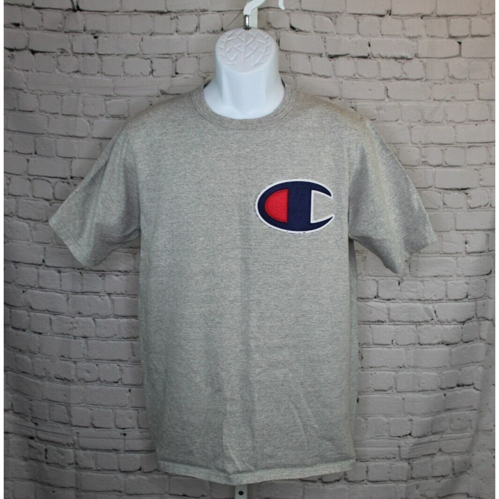 Vintage Mens Medium CHAMPION SS T-Shirt GRAY EMBROIDERED BIG C LOGO